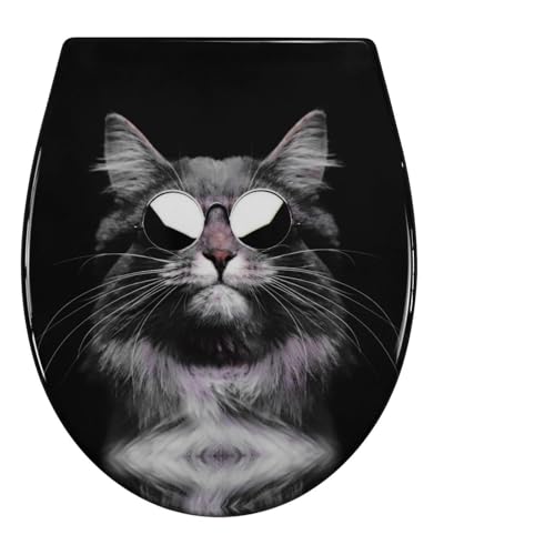 Fanmitrk Abattant WC avec système d'abaissement automatique, couvercle de toilette en Duroplast avec fermeture rapide, siège de toilette avec motif (Chat noir)