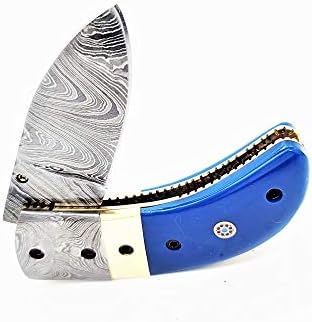 DKC Knives (24 6/18) DKC-43-BL-DS Blue Thumb Damascus Steel Folding Pocket Knife 3.5" Folded 6.25" Long 2.25" Blade 7.25 oz High Class Looks Incredible Feels Great in Your Hand and Pocket Hand Made
