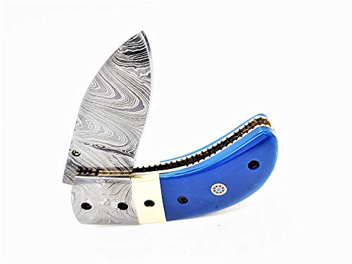 Dkc Knives (24 6/18) Dkc-43-Bl-Ds Blue Thumb Damascus Steel Folding Pocket Knife 3.5" Folded 6.25" Long 2.25" Blade 7.25 Oz High Class Looks Incredible Feels Great In Your Hand And Pocket Hand Made #TOP2