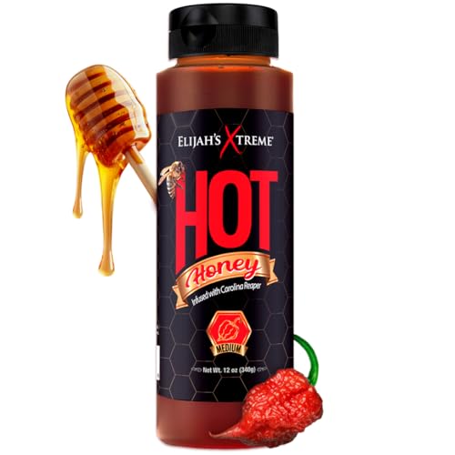 Elijah's Xtreme Hot Honey, 100% All Natural Pure Honey Infused with Carolina Reaper Peppers, Medium Heat Sweet & Spicy Honey Sauce Flavor, 12 oz Bottle