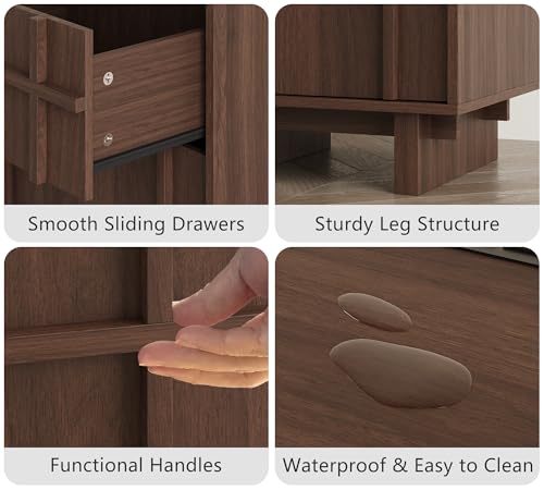 Image of Mid Century Modern Nightstand Set of 2 with Charging Station, Nightstand with Skeleton Line & Wood Grain, Bedside Table with Drawers Storage, End Table for Bedroom, Living Room, Walnut