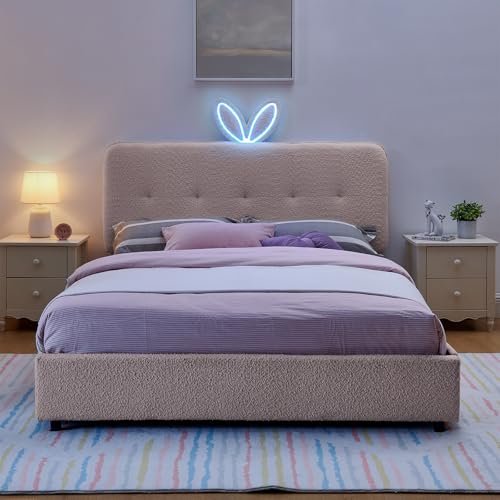 Image of Queen Led Bed Frame with 4 Storage Drawer, Upholstered Platform Floor Bed with Rabbit Ear Headboard Daybed Strong Wooden Slats No Box Spring Needed for Kids Girls Boys, Pink