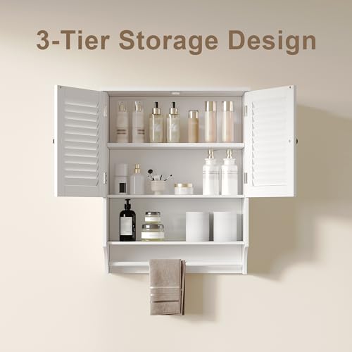 ChooChoo Medicine Cabinet with Towels Bar, 23.6" L x 8.8" W x 29.5" H MDF Material Bathroom Wall Cabinet, 2 Doors Over The Toilet Space Saver Storage Cabinet with Large Space, White - Image 4