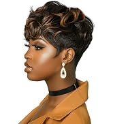 BOBCOO Short Cut Wig for Black Women - Black Mixed Brown Synthetic Fiber Pixie Cut Wig with Perfe...