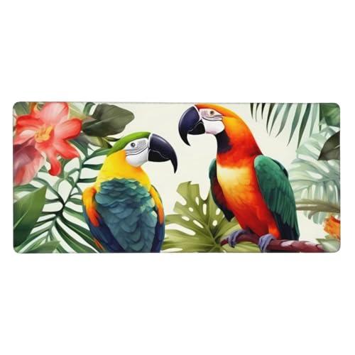 Tapis de souris de jeu étendu XXL 90x40 cm au motif toucans et feuilles de palmier pour bureau