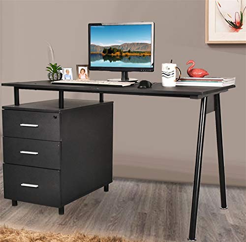 Grepatio Computer Desk with 3 Drawers Modern Wood Desk with Steel Frame for Small Spaces Home Office Workstation Student Study Table Black