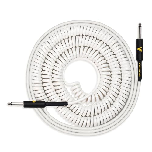 VOHALO Coiled Guitar Cable 36feet/11m Coiled Instrument Cable for Guitar Bass 1/4 Straight Angle to Straight, White