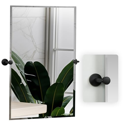 Hamilton Hills 24x36 inch Frameless Pivot Mirrors for Bathrooms with Matte Black Rounded Wall Brackets | Rectangular Tilting & Farmhouse Wall-Mounted Vanity | Hangs Horizontally and Vertically