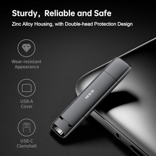 SSK 256GB Dual USB C Flash Drive, 2-in-1 Type C+ USB A 3.2 Gen2 Solid State Thumb Drive,Speed Up to 550MB/s Memory Stick Data Storage for iPhone 15, Android Phone,Tablet,MacBook,Windows