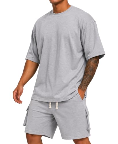 Husmeu Survêtement Homme de Sport 2 Pièces Ensemble T-shirt et Short Cargo Homme Casual avec Poches Gris XL