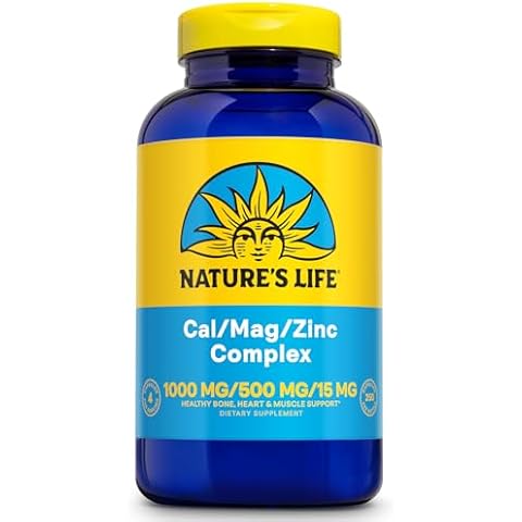 NATURE'S LIFE Cal Mag Zinc Complex 1000mg / 500mg / 15mg - Calcium Magnesium Zinc Supplement w/Vitamin D and Boron - Bone Health, Muscle and Heart Health Support, 60 Day Guarantee, 62 Serv, 250 Caps Cover