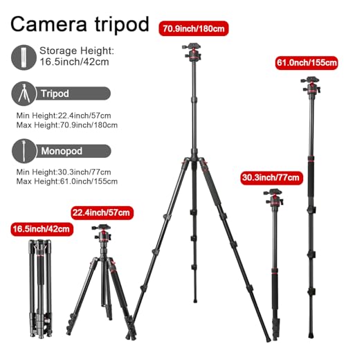 ZOMEi 173 cm/68 inch Camera Tripod Professional Aluminum Ball Head Tripod Outdoor Travel Monopod with Carry Bag Phone Holder Compatible with DSLR Binoculars Laser Telescope - Image 3