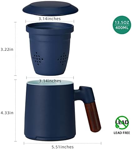ZENS Tea Infuser Mug with Lid, Rosewood Handle Ceramic Loose Leaf Tea Cup, 400ML Matte Navy Blue Tea Steeping Mug Gift