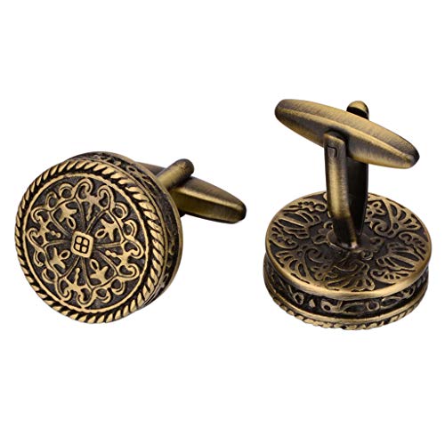 SAVOYSHI Shirt Cufflinks for Men Round Bronze Vintage Pattern Metal Cuff links Gift for Men Husbands with Gift Box