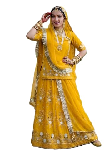 Image of Fancy Heavy Embroidery Work Shimmer Silk Semi-stitched Rajputi Poshak For Women Rajasthani Lehenga Choli