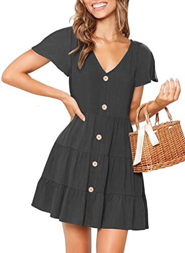 Image of MITILLY Women's Casual T-Shirt Dresses Sleeveless V Neck Button Down A Line Loose Swing Short Dress with Pockets
