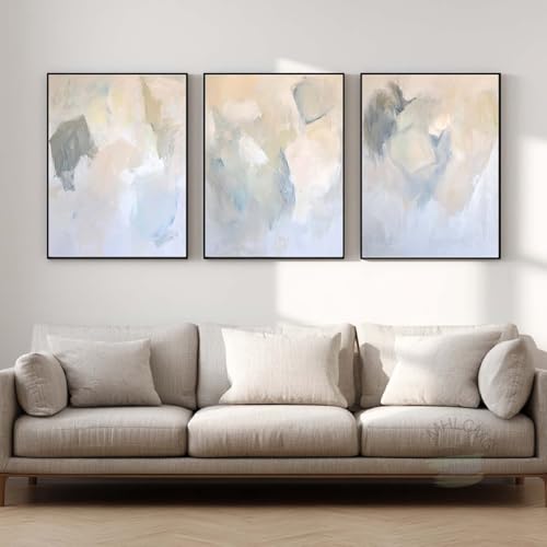 Tableau deco salon boheme abstrait minimaliste beige marron 3 toiles 40x60cm