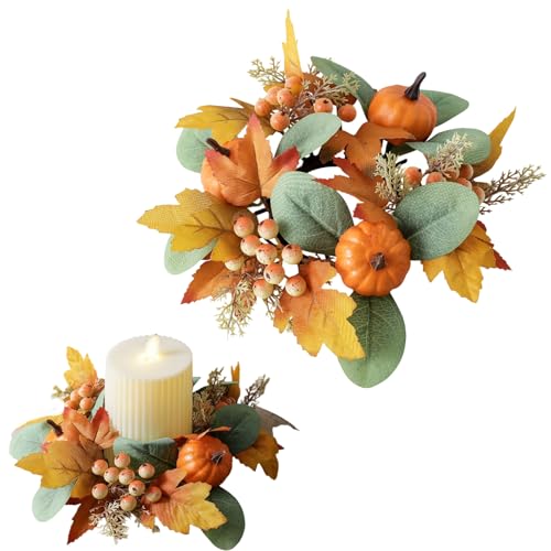 Thanksgiving Fall Artificial Maple Leaves Berries Pumpkin Candle Rings Autumn Candle Holder Decorative Wreath for Thanksgiving Harvest Farmhouse Table Centerpieces Home Decor (Orange)