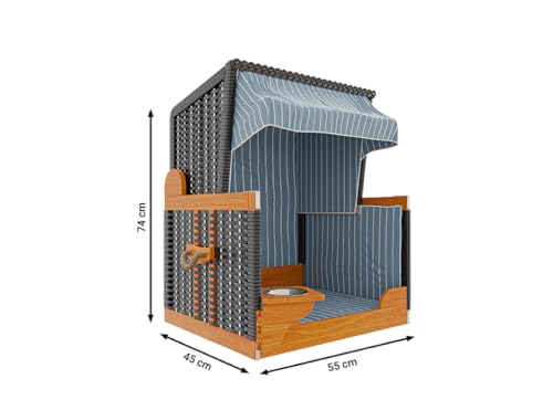 Outgarden Hundestrandkorb Kieferholz | Hundehütte inkl. Schützhülle | Schwenkbarer Wasser-/Futternapf | Sonnenschutz für Hunde & Katzen | Schwarz mit blau weißen| Perfekt für kleine Hunde