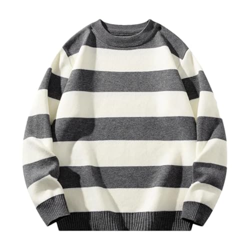 Men's Korean Casual Patchwork Knit Crew Neck Pullover Sweater Full Sleeve Loose Fit Thick Striped Sweater