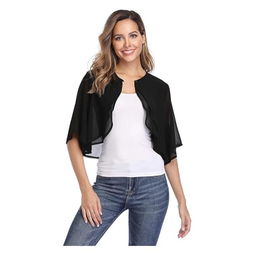 JTKSSCS Bolero dam kort genomskinlig chiffong kofta för kvinnor, öppen på framsidan, perfekt för aftonklänning eller bröllopsklänning. (svart, S)