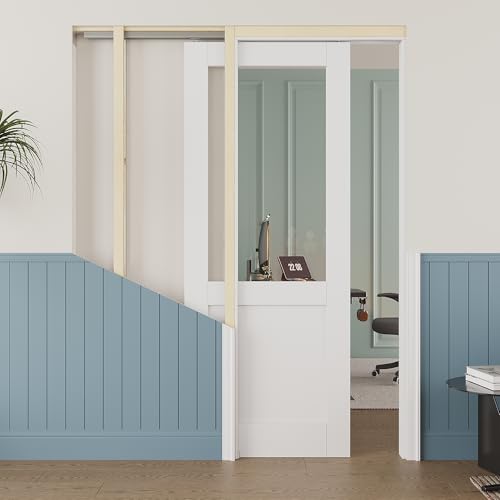 Image of 36 inch x 80 inch Half Clear Glass Pocket Door, Soft-Close Sliding Pocket Door with Frame & Hardware Kit Set, Primed All-Inclusive Interior Door Slab for Home, White, Need to Assemble