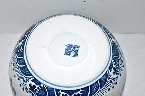12" Oriental Blue & White Asian Double Dragon & Fire Pearl Fish Bowl Jardiniere Planter Plant Pot #TOP6
