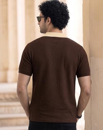 Image of AUSK Men's Retro Cable-Knit Quarter-Zip Polo | Premium Textured Self-Design Half Sleeve T-Shirt for Men