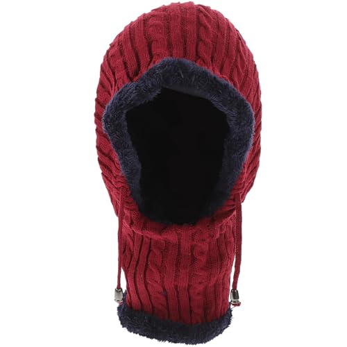 Unisex Winter Outdoor Practical Cycling Ski Hooded Scarf Hat Portable Knitted Thickened Caps for Women Men (Red)
