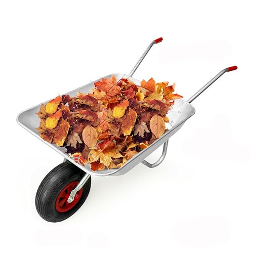 Crystals 65L Heavy Duty Galvanised Steel Wheelbarrow with Pneumatic Tyre & 11-Piece Gardening Tools Set with Tote Bag, Rust-Proof Tools, Gloves, Knee Pads – Garden Gift (Wheelbarrow Only)