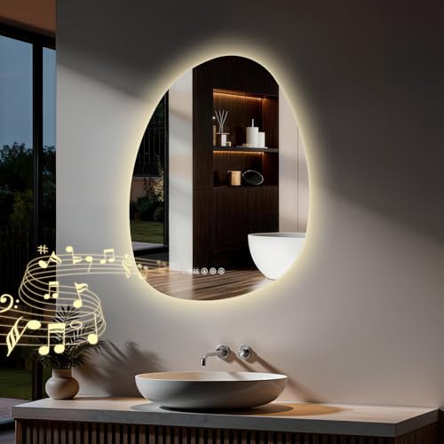S'AFIELINA Bathroom Mirror with LED Lights 75 x 55 cm Asymmetrical LED Mirror with Bluetooth, Smart Touch Switch, Time, Temperature, 3 Colors Dimmable Light, Anti-Fog, Memory Function Vanity Mirror