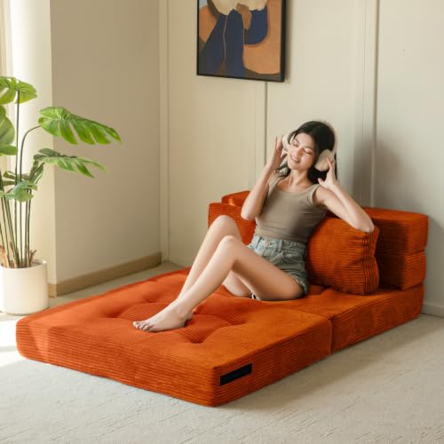 Image of MAXYOYO Convertible Sofa Bed, Fold Out Sofa Couch with Pillow for Adults | Loveseat Sofa 4 in 1 Tufted Folding Couch Bed Foam Floor Couch, Lazy Chair for Living Room Bedroom Guest Room, Orange