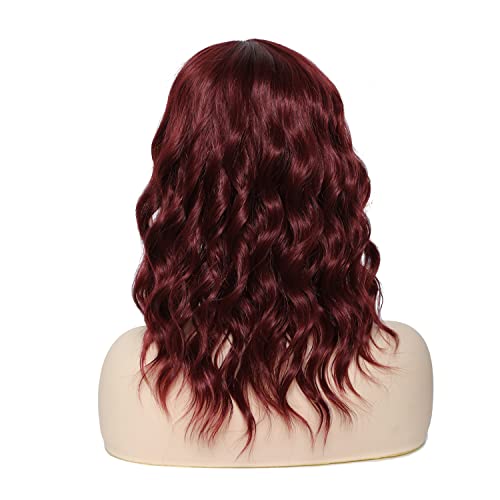 Red Burgundy Short Wavy Wigs With Bangs For Women, Wine Red Curly Shoulder Length, Bob Wigs For Women, Heat Resistant Fiber Natural Wigs For Daily Using #TOP7