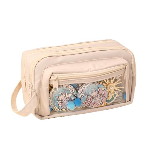 Image of ITA Pencil Pouch Anime Display Pen Case Stationery Bag with Clear Insert & Stickers for Teens College Students (Beige)