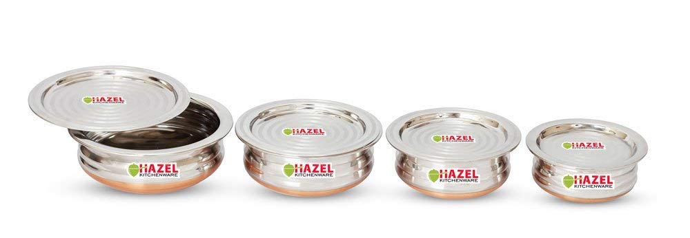Migliori offerte Indiano Acciaio Inox Urli Set Fondo Rame Kadai Con Coperchio Cottura e Servizio Set Grande A Piccola Dimensione