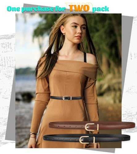2 Pack Women's Skinny Genuine Leather Belt with Gold Buckle for Jeans4