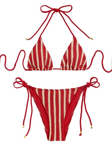 Image of ZAFUL 2 Piece Triangle Bikini for Women Knitted Rope Halter Bikini Sets Sexy Bathing Suit Side Tie Swimsuits Beachwear