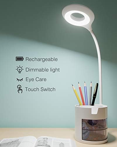 LED Desk Lamp for Study, Hepside USB Rechargeable Desk Light 3 Eye-Caring Dimmable Modes Touch Control Flexible Gooseneck Table Lamp Office with Phone Holder&Combined Pen Holder for Read Work(White)