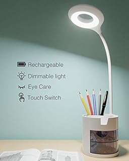 LED Desk Lamp for Study, Hepside USB Rechargeable Desk Light 3 Eye-Caring Dimmable Modes Touch Control Flexible Gooseneck Table Lamp Office with Phone Holder&Combined Pen Holder for Read Work(White)