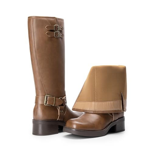 DREAM PAIRS Women's Knee High Boots Side Zipper Motorcycle Boots Square Toe Chunky Low Heel Fashion Buckles Biker Riding Boots,Size 8,Tan-Pu,SDKB2412W