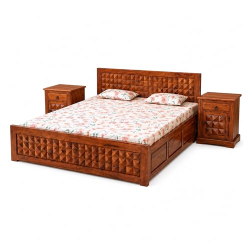 Image of SONA ART & CRAFTS Diamond Solid Sheesham Wood Bedroom Set | Queen Size Bed with Box Storage, Wardrobe, Cabinet with Mirror & Two Bedside Tables - Natural Finish (Assembly Included)