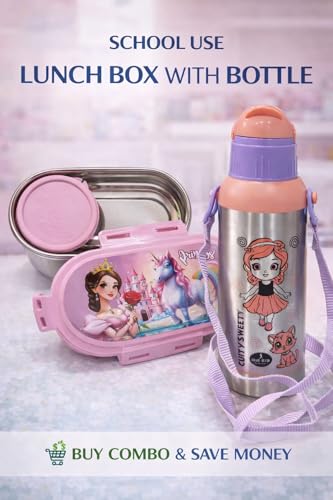 Image of Kids Stainless Steel Water Bottle with Sling Strap & Cartoon Lunch Box Set | School Tiffin and Water Bottle Combo for Girls | Princess Unicorn Design | BPA Free | Pink & Purple