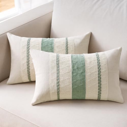 Miniatura 9 de Aisybaklyn Funda Cojin 30x50 Cm Funda De Almohada Verde Salvia Boho Textura Tejida Rectángulo Cojines Algodón Lino Cojín Para Decoración Del Hogar Sofá Oficina Juego De 2