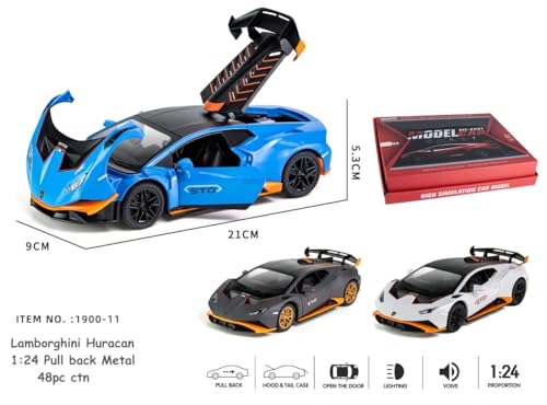 Image of 1:24 Scale Lamborghini Huracan Toy Car | Metal Pullback Diecast Car for Kids with Openable Doors, Sound, Light Effects Toy for Car Enthusiasts (Color As Per Available),blue,black