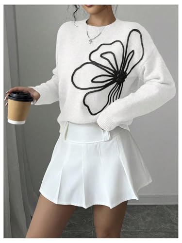 Image of RoseSeek Women's 3D Floral Appliques Crewneck Sweaters Long Sleeve Drop Shoulder Pullovers Elegant Knit Tops