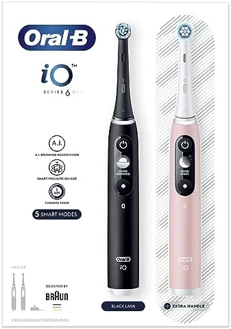 Oral-B iO Seria 6 Szczoteczka Elektryczna, Zestaw 2 Sztuk, Łączą się z Aplikacją Mobilną Oral-B, z Technologią Magnetyczną iO, Wyświetlacz OLED, Czarna i Różowa