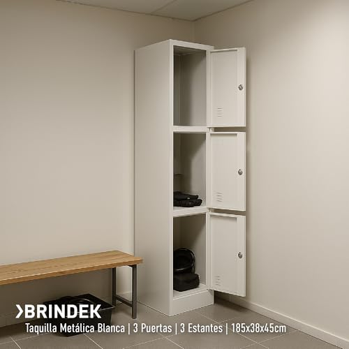 BRINDEK Taquilla Vestuario metálica 3 Puertas Blanca RAL 9016-185x38x45 cm con Cerradura - Incluye Llave | Armario metálico Estrecho para Garaje, Oficina, Gimnasio, Vestuario, Locker Individual - imagen 7