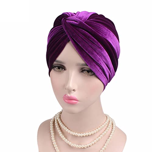 Ilufam 2Pcs Velvet Turbans For Women Twist Pleated Beanie Cap Stretch Head Wrap Hair Loss Hat Chemo Headwear For Women (Purple+Royal Blue) #TOP2