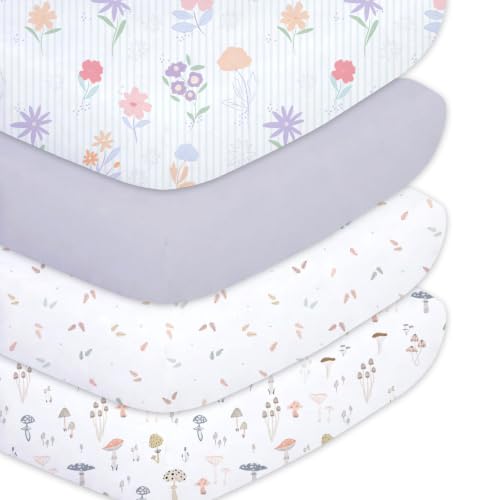 Image of Plushii 4PK Girls Crib Sheets, Microfiber Mattress Cover, Botanical Garden | Fits standard crib & toddler beds (52x28 inch). Soft, breathable cover with plane patterns for boys and girls.