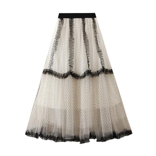 Women's Maxi Tulle Skirt A-line High Elastic Waisted Polka Dot Printed Mesh Long Skirts Trendy